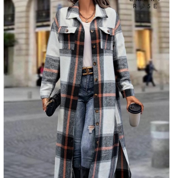 Jackets & Blazers - Womens Plaid Double Pocket Long Button Front Coat sz small